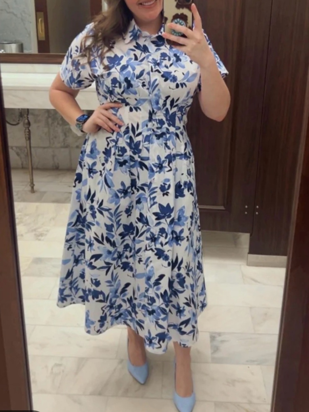 Floral Blue Midi Linen Dress with Short Sleeves